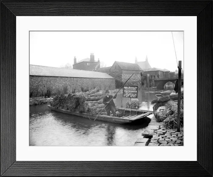 Framed Print : Print of Abel Beesley on his punt with bundles of rushes near Pacey Bridge Framed Print : Print of Abel Beesley on his punt with bundles of rushes near Pacey Bridge