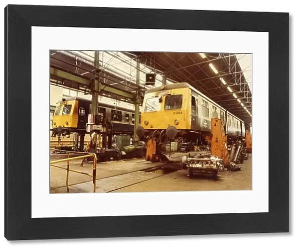 A Class 120 diesel multiple unit undergoing repair in 19 Shop at Swindon Works in about 1980