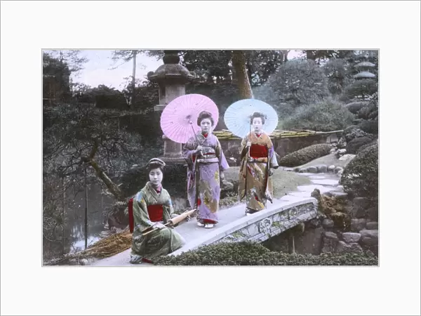 Garden Scene, Japan - Geisha - Posed on a small stone bridge