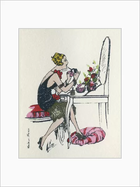Business card design, woman at dressing table