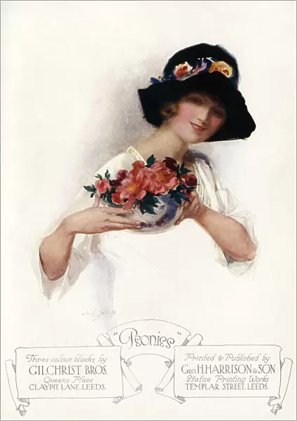 Portrait of a woman holding a bowl of peonies flowers