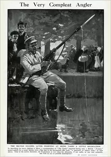 British soldier fishing with bayoneted rifle, WW1