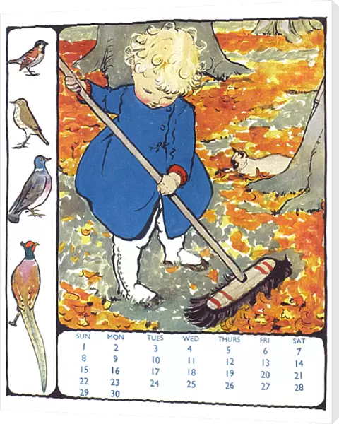 Child sweeping autumn leaves by Muriel Dawson