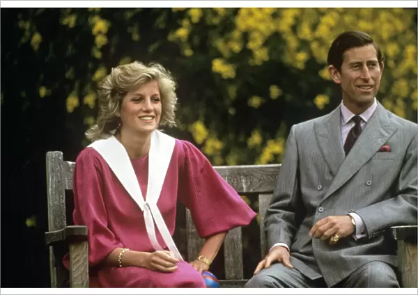 Prince Charles and Princess Diana on a bench