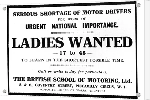 Ladies Wanted as drivers, WW1 advertisement