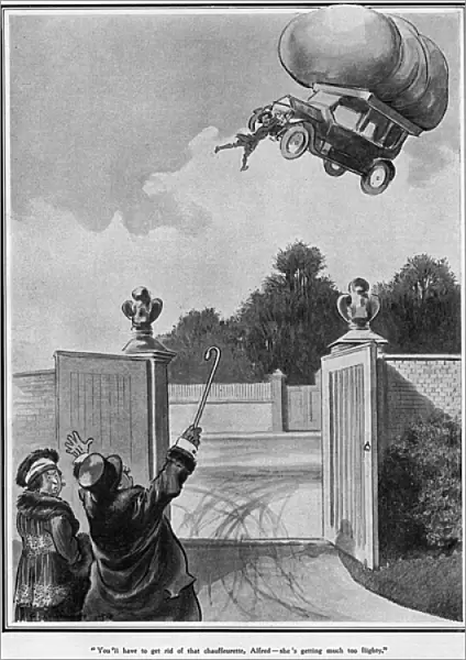 Gas powered car with lady chauffeur, WW1 cartoon