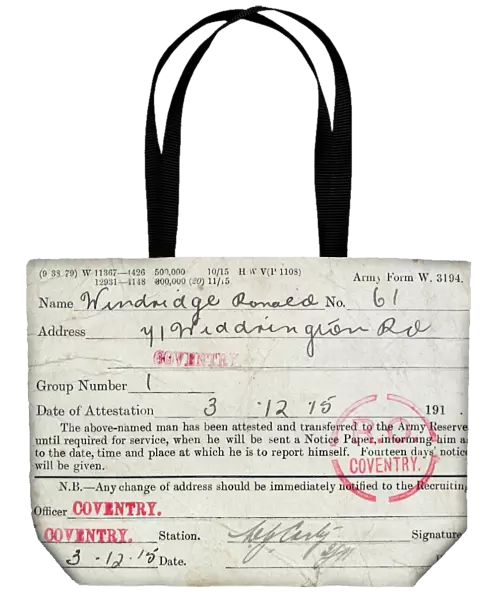 Army Attestation Card for Ronald Windridge