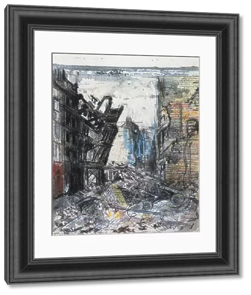London. Bombed Streets in 1941. Drawing and watercolor