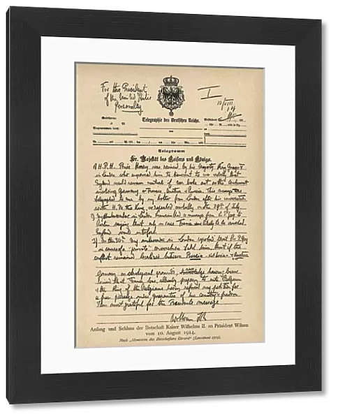 Telegram sent by Kaiser Wilhelm II to President Wilson