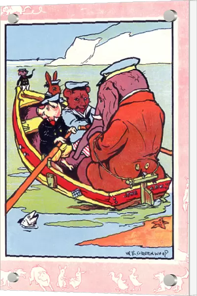 Elephant, bear, pig, rabbit and mouse in a boat