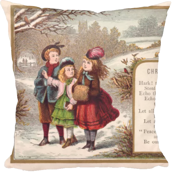 Boy and two girls in the snow on a Christmas card