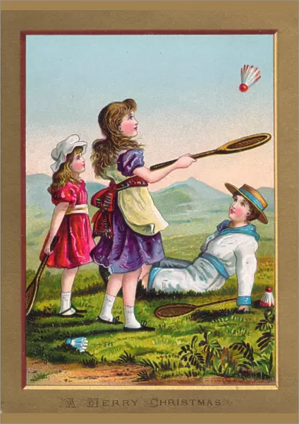 Three children playing shuttlecock on a Christmas card