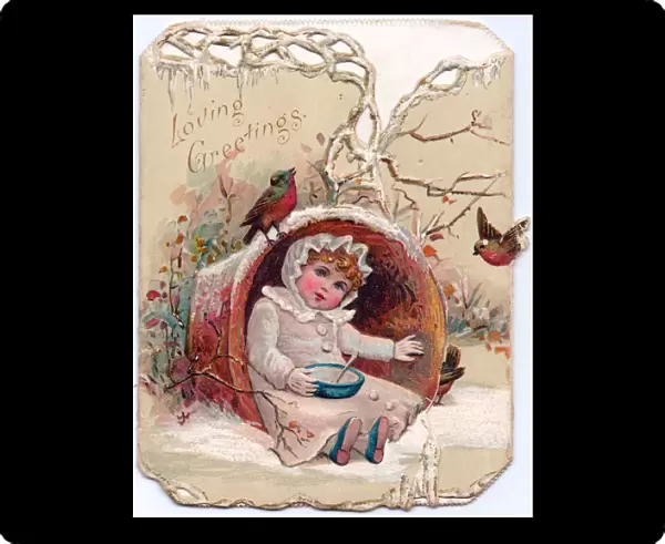 Little girl with robins on a Christmas card