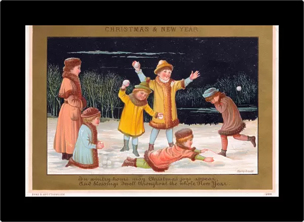 Six children snowballing on a Christmas card