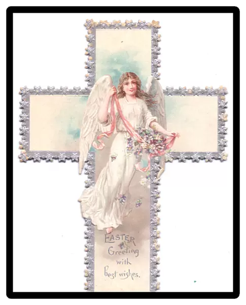 Angel on a cross-shaped Easter card
