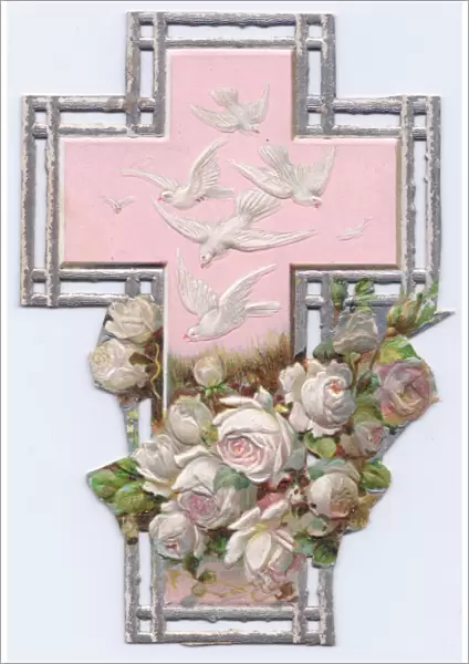 Flowers and doves on a cross-shaped greetings card