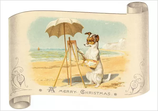 Dog artist at work on the beach on a Christmas card