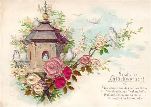 Doves and flowers on a German greetings card