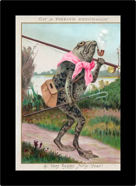 Frog fisherman on a New Year card