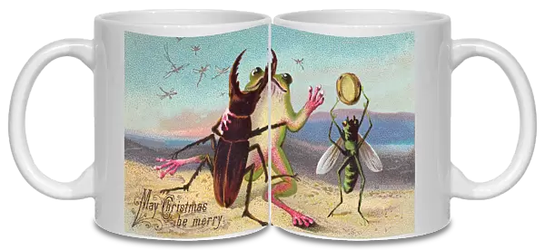 Two insects and a frog on a Christmas card