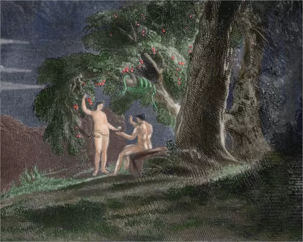 Eve gives Adam the forbidden fruit. Paradise Lost by John Mi