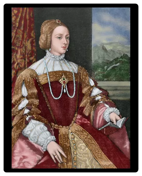 Isabella of Portugal (1503-1539). Engraving. Colored