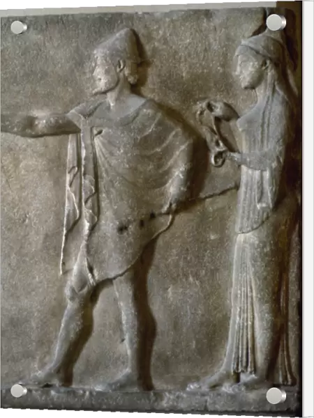 Hermes agoraios and a Charity. Thasian marble. Relief. 480 B
