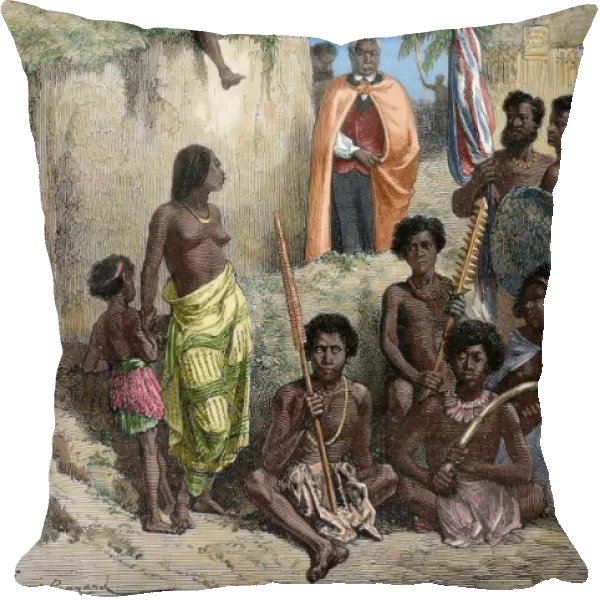 King Kamehameha I (1758-1819) and his warriors. Engraving, 1