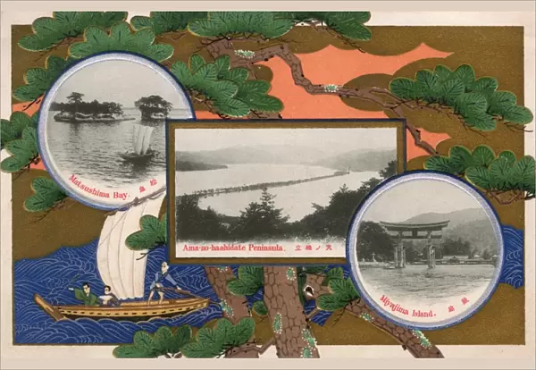 Three scenes of Japan inset on a Japanese river scene