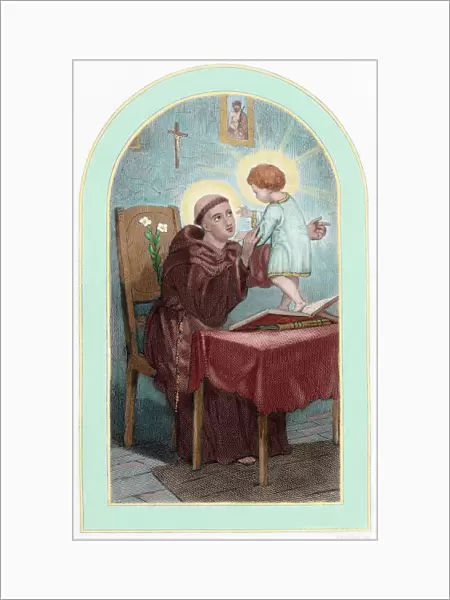 Saint Anthony of Padua (1195-1231). Colored engraving