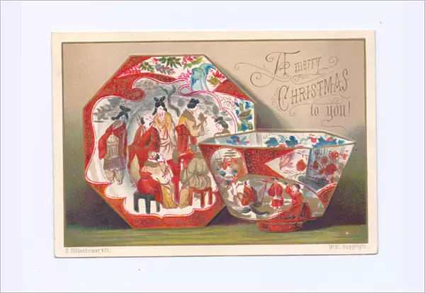 Oriental china plate and bowl on a Christmas postcard