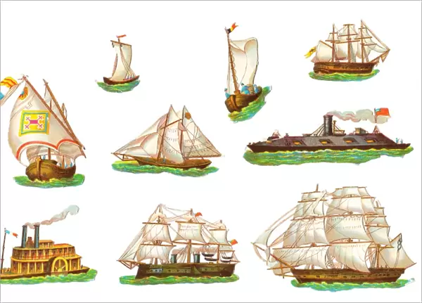 Sailing boats and ships on nine Victorian scraps