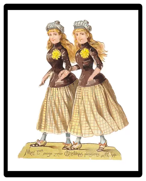 Twin girls on a Victorian Christmas scrap