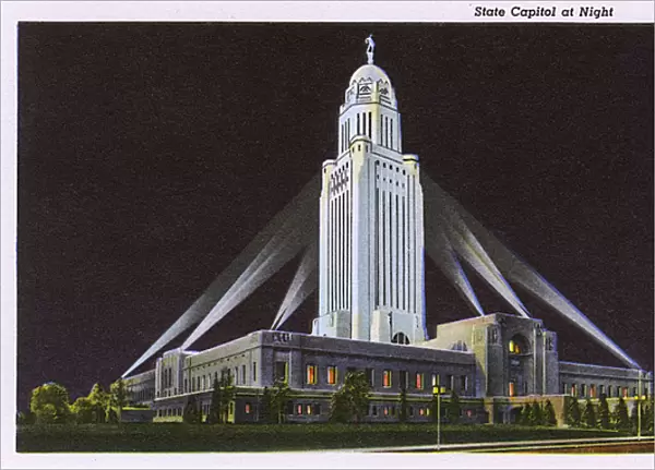 State Capitol at night, Lincoln, Nebraska, USA
