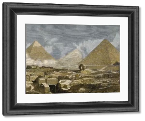 Egypt. Great Sphinx and Pyramids of Giza. View. Engraving. 1