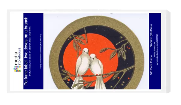 Perfume label, two doves on a branch