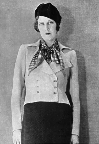 Hon Mrs Richard Norton wearing a Schiaparelli outfit, 1937