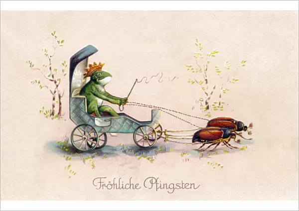 Frog driving coach on a German Whitsuntide postcard