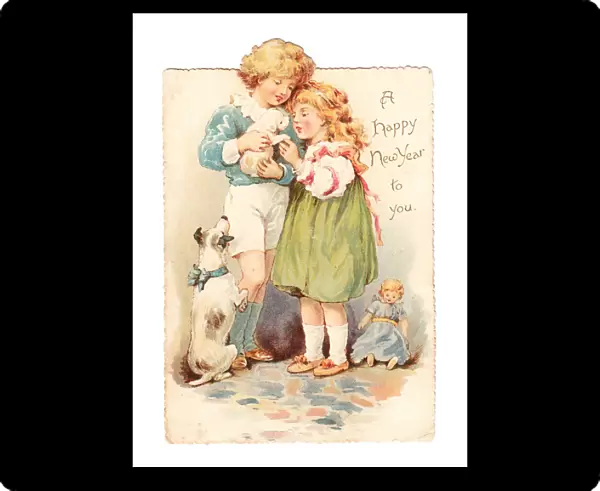 Girl and boy with dog and puppy on a cutout New Year card