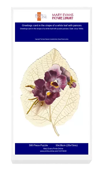 Greetings card in the shape of a white leaf with pansies