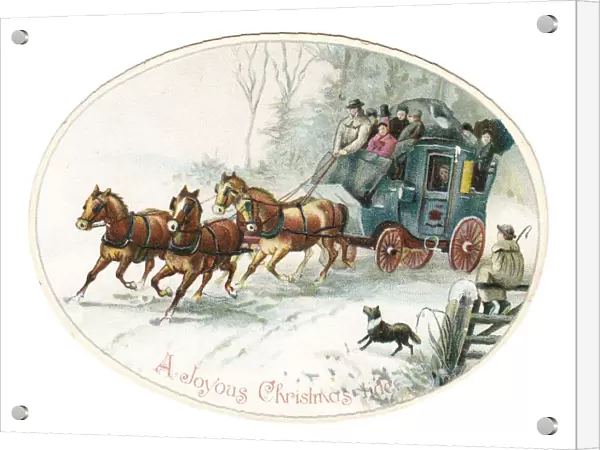 Stagecoach and horses on an oval Christmas card
