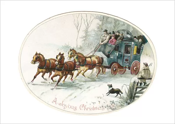 Stagecoach and horses on an oval Christmas card