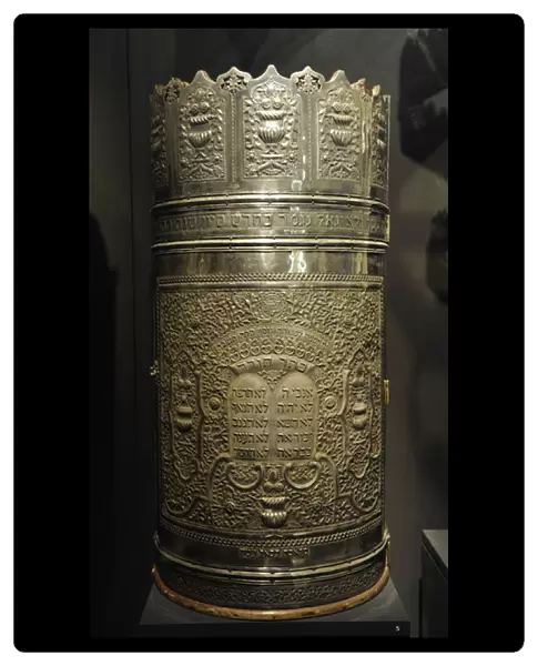 Cylindrical Torah scroll case. Tripoli, Libya, 1935. Silversmi