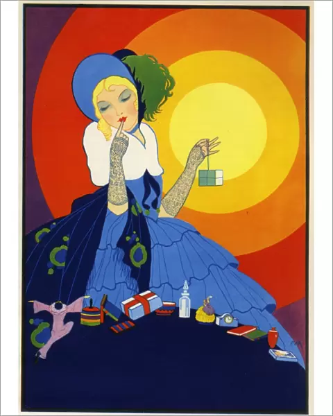 Woman with many presents, in Art Deco style