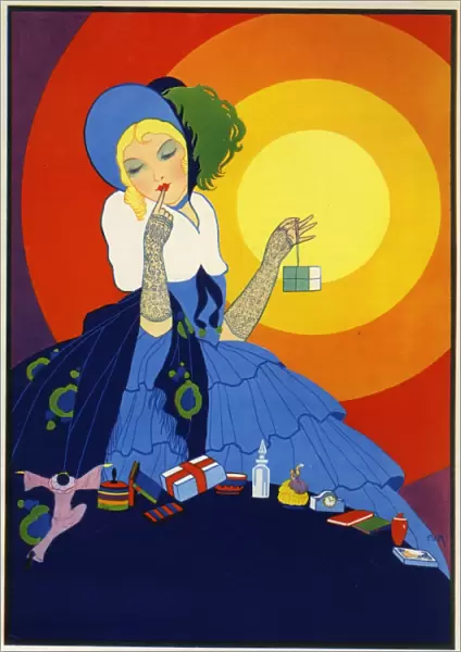 Woman with many presents, in Art Deco style