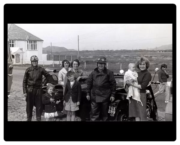 Bikers and families with their 1958 BSA motorcycles & sideca