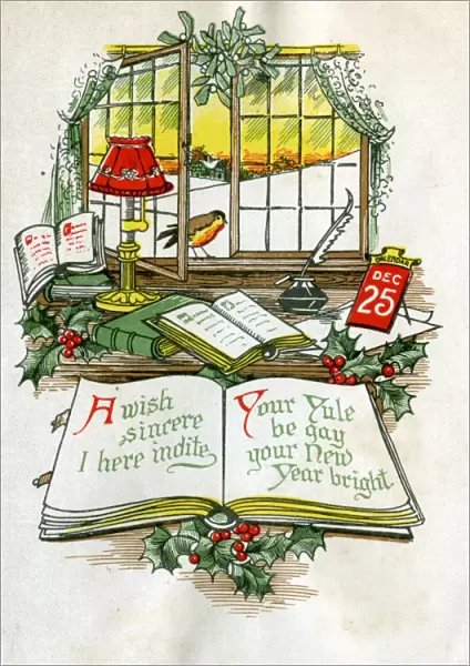 Christmas card with desk, window and robin
