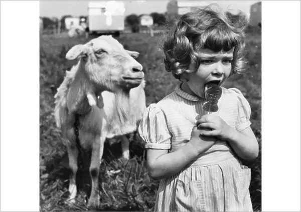 Little girl and goat in caravan park