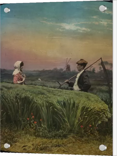 Young man carrying a scythe meets his girl amid the corn