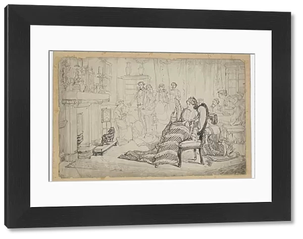 Forfeits. Pen and ink drawing depicting a game of Forfeits being played in a drawing room